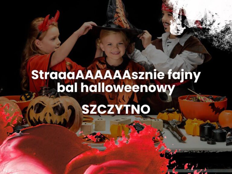 Trójka przebranych na halloween dzieci za stołem pełnym dyń